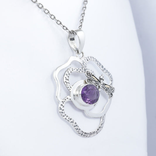 Genuine Amethyst Pendant Necklace double bezel set 925 sterling silver decorated with dragonfly 18K yellow gold, 10*13 mm oval amethyst
