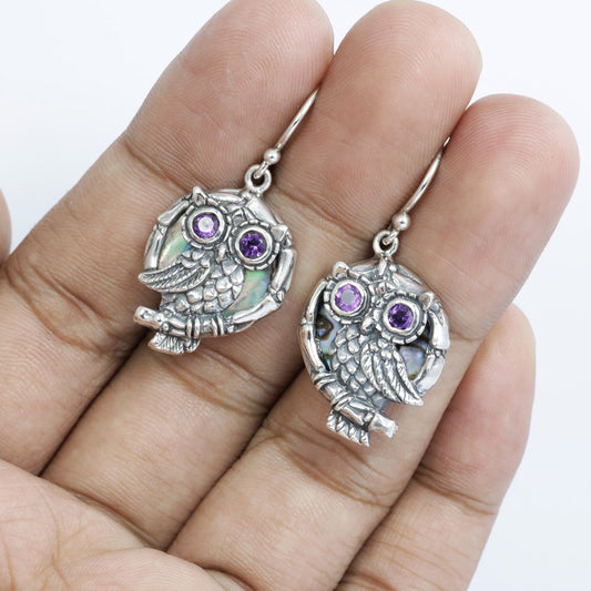silver owl earrings 925 sterling silver with genuine amethyst and abalone shell