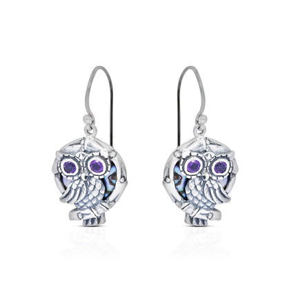 silver owl earrings 925 sterling silver with genuine amethyst and abalone shell