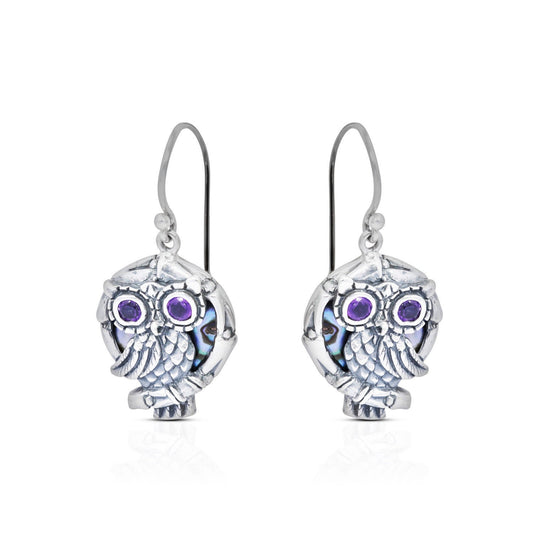 silver owl earrings 925 sterling silver with genuine amethyst and abalone shell