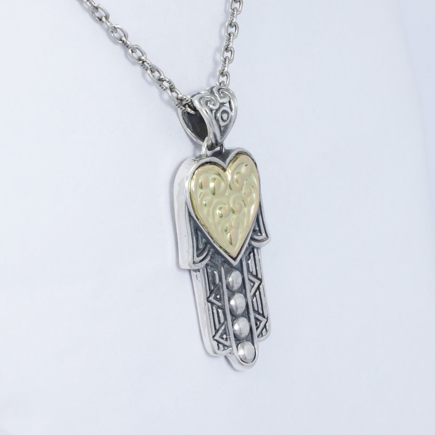 925 sterling silver hamsa hand pendant with genuine 18K yellow gold decorated with filigree