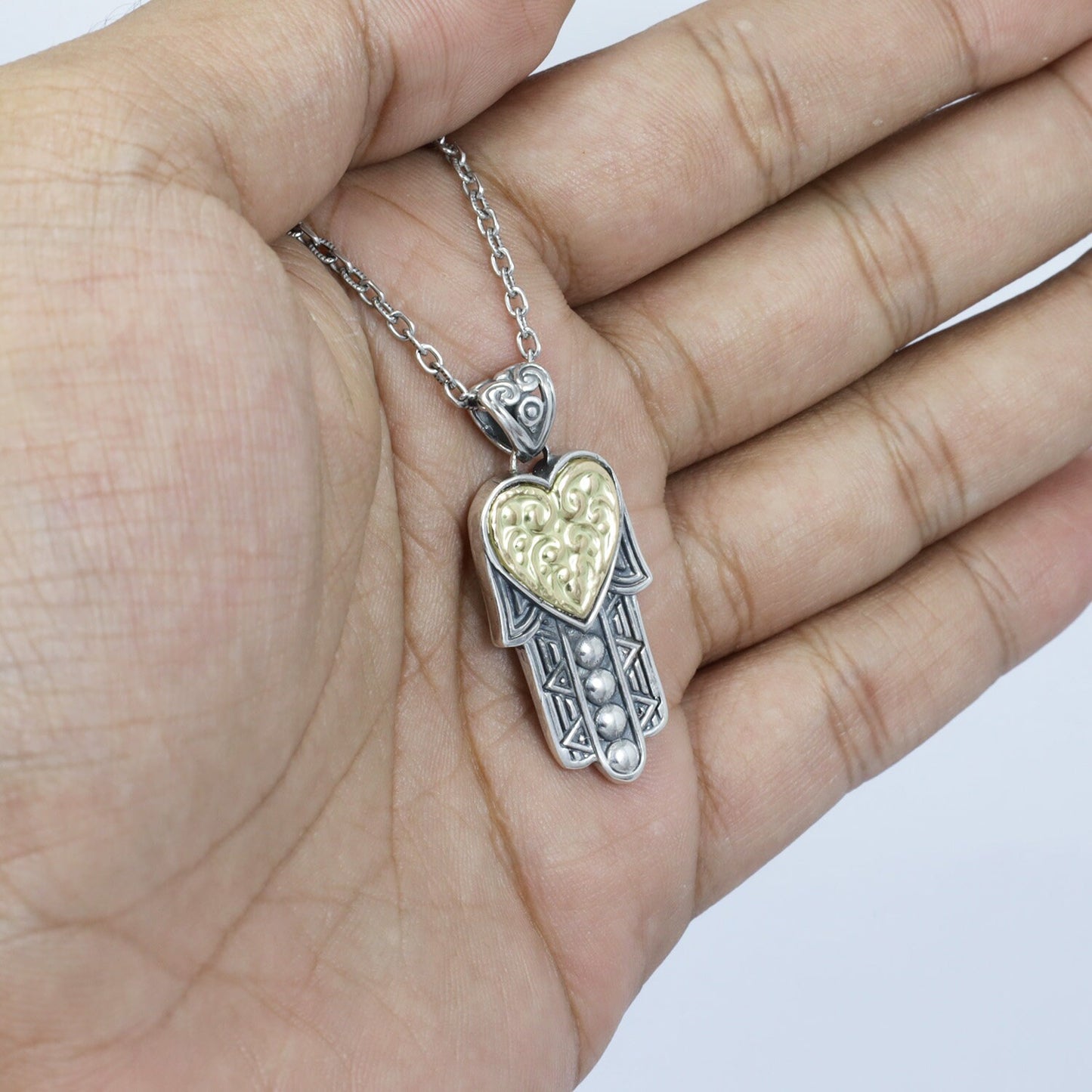925 sterling silver hamsa hand pendant with genuine 18K yellow gold decorated with filigree