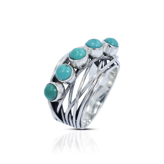 turquoise ring with woven style shank 925 sterling silver with genuine turquoise