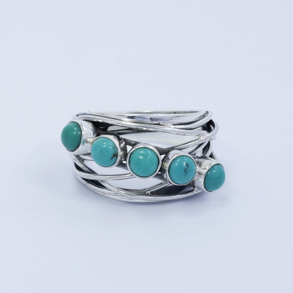 turquoise ring with woven style shank 925 sterling silver with genuine turquoise