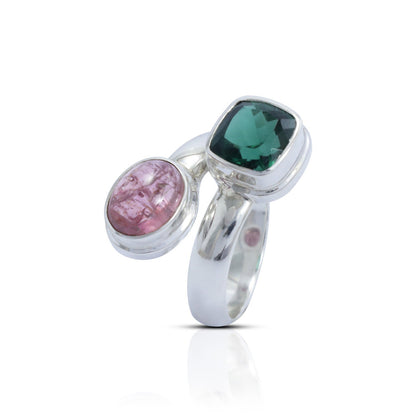 Bypass ring 925 sterling silver with genuine pink tourmaline and green quarts