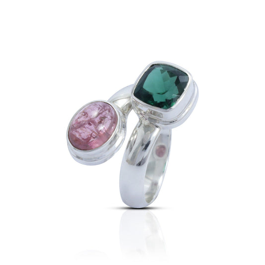 Bypass ring 925 sterling silver with genuine pink tourmaline and green quarts