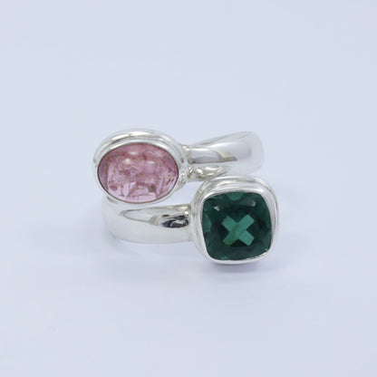 Bypass ring 925 sterling silver with genuine pink tourmaline and green quarts