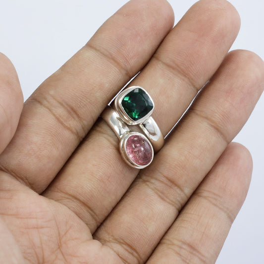Bypass ring 925 sterling silver with genuine pink tourmaline and green quarts