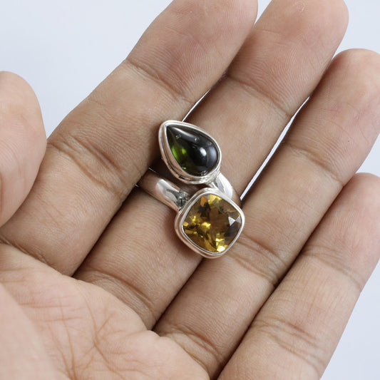 adjustable ring 925 sterling silver with natural yellow citrine and smokey quarts bypass style