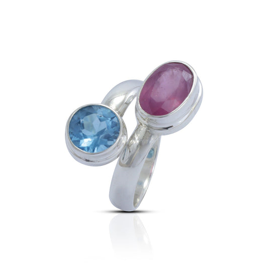red ruby ring 925 sterling silver bypass style decorated with genuine blue topaz