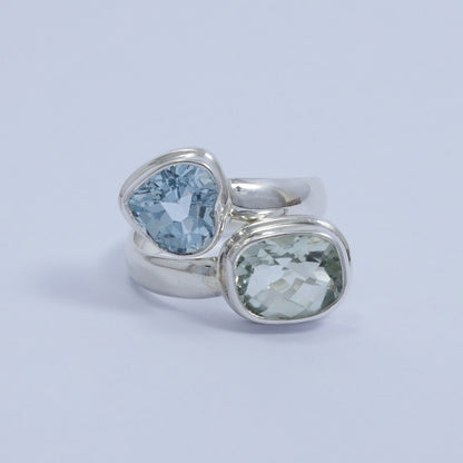 green amethyst ring 925 sterling silver bypass style with blue topaz