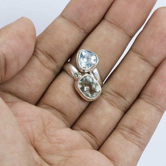 green amethyst ring 925 sterling silver bypass style with blue topaz