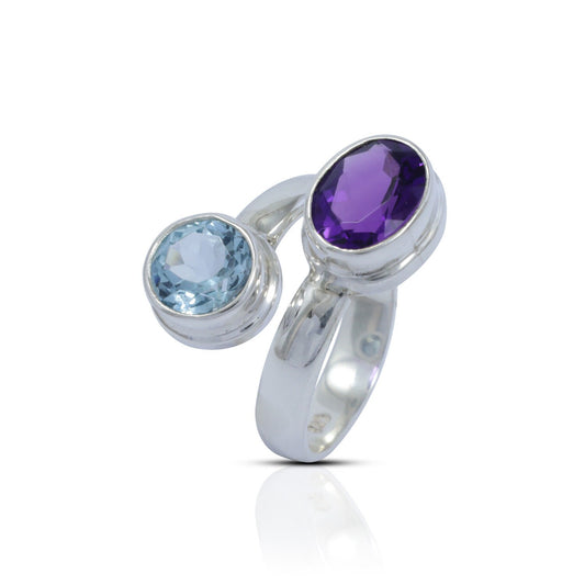 blue topaz and amethyst ring 925 sterling silver bypass style