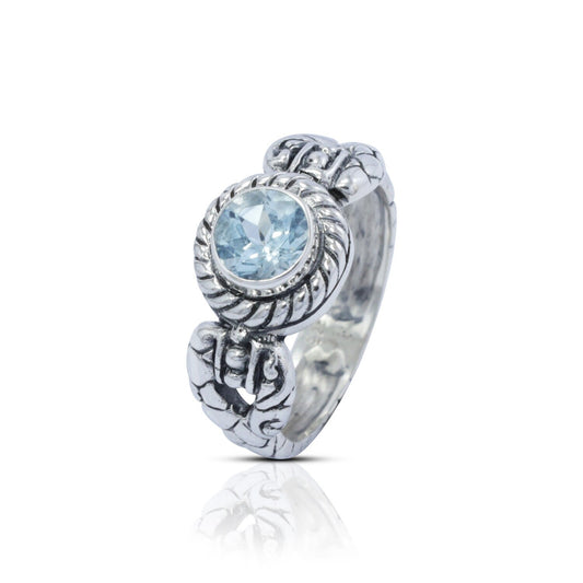 blue topaz ring 925 sterling silver decorated with cable style ornament filigree