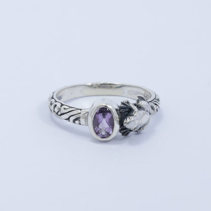 frog ring 925 sterling silver with cable style ornament and genuine amethyst