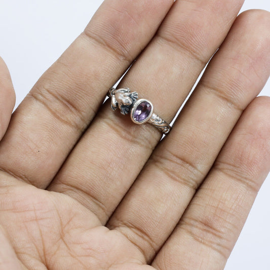 frog ring 925 sterling silver with cable style ornament and genuine amethyst