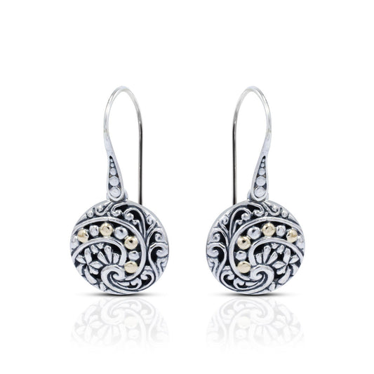 circle earrings 925 sterling silver decorated with open work filigree ornament and 18K yellow gold