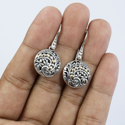 circle earrings 925 sterling silver decorated with open work filigree ornament and 18K yellow gold