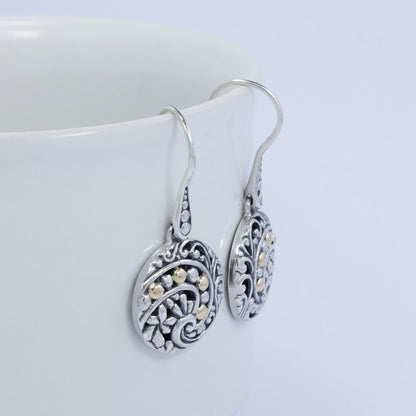 circle earrings 925 sterling silver decorated with open work filigree ornament and 18K yellow gold