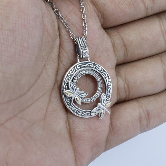 circle pendant 925 sterling silver with dragonfly ornament, 18K gold and white crystal
