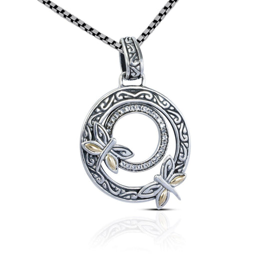 circle pendant 925 sterling silver with dragonfly ornament, 18K gold and white crystal