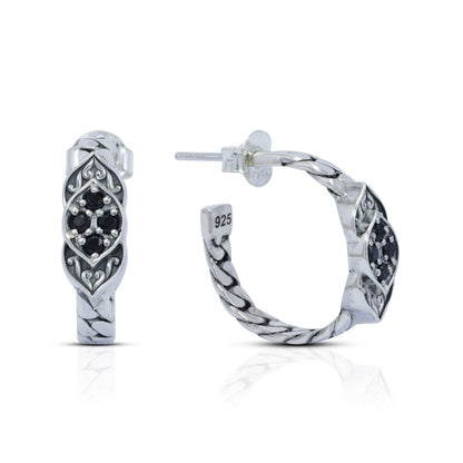 earrings hoop 925 sterling silver with chain style and black spinel leaf ornament