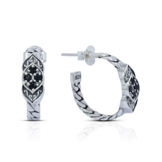earrings hoop 925 sterling silver with chain style and black spinel leaf ornament