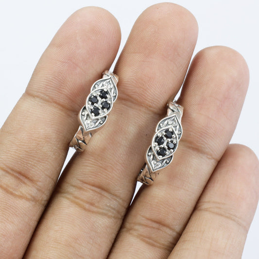 earrings hoop 925 sterling silver with chain style and black spinel leaf ornament
