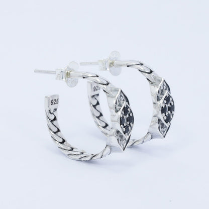 earrings hoop 925 sterling silver with chain style and black spinel leaf ornament