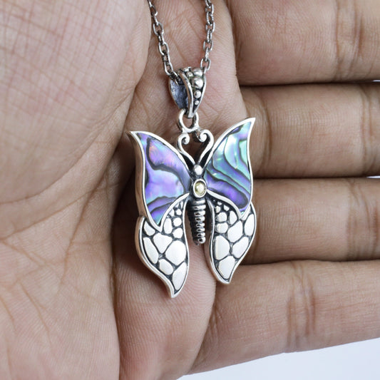Butterfly Pendant 925 sterling silver with abalone shell and 18k yellow gold