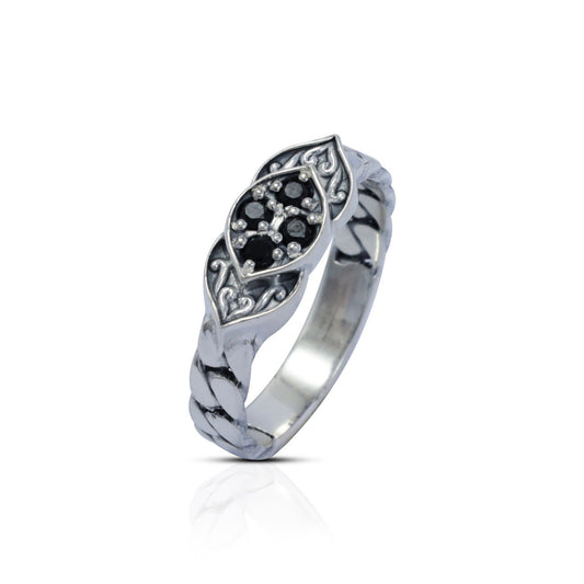 lotus ring 925 sterling silver with genuine black spinel and chain ornament