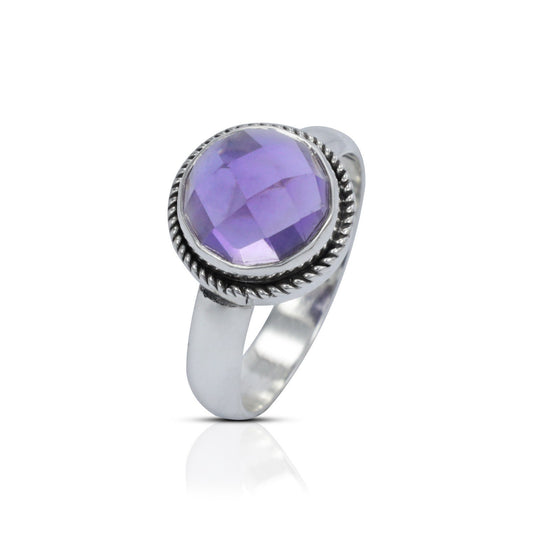 round amethyst ring 925 sterling silver decorated with cable edge