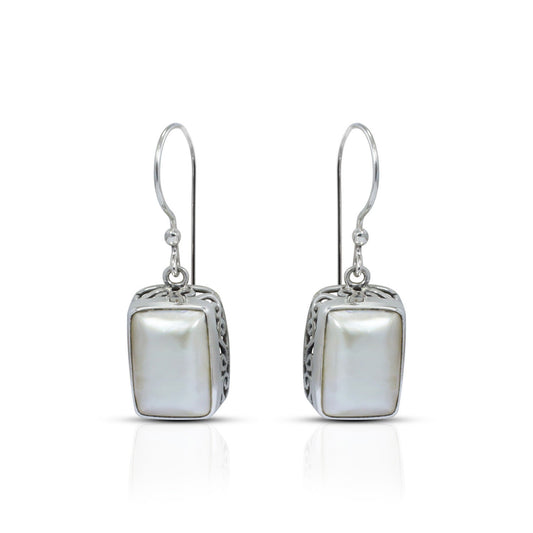 square pearl earrings dangle drop 925 sterling silver decorated with swirl filigree ornament