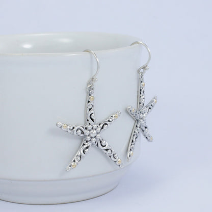 star fish earrings 925 sterling silver with 18K yellow gold and filigree ornament