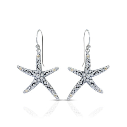 star fish earrings 925 sterling silver with 18K yellow gold and filigree ornament
