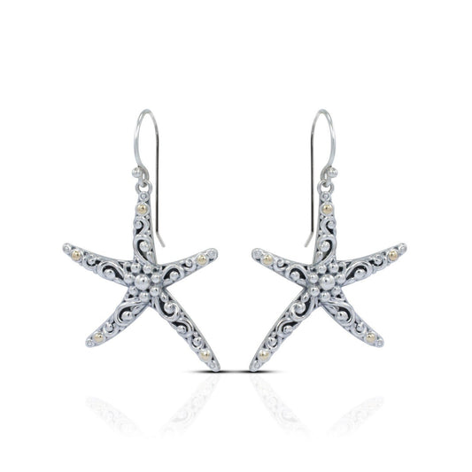 star fish earrings 925 sterling silver with 18K yellow gold and filigree ornament