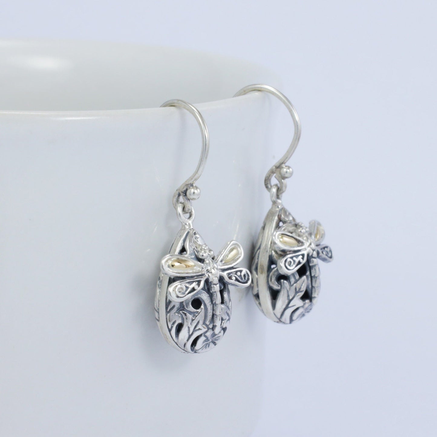 teardrop earrings 925 sterling silver with 18k yellow gold and filigree ornament