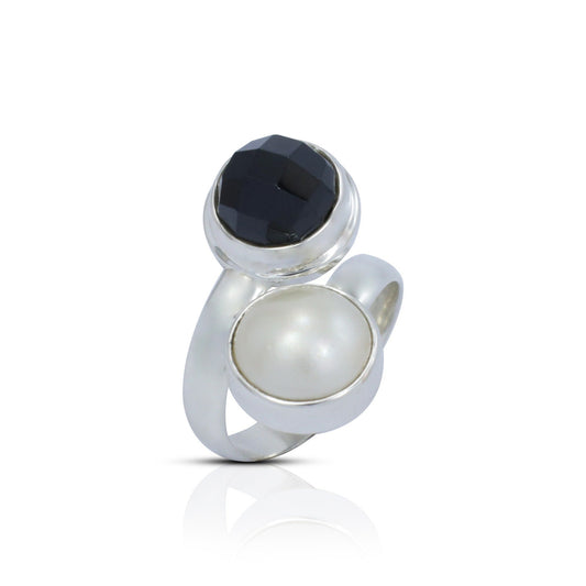 black and with ring 925 sterling silver bypass style bezel set genuine white mabe pearl and natural onyx
