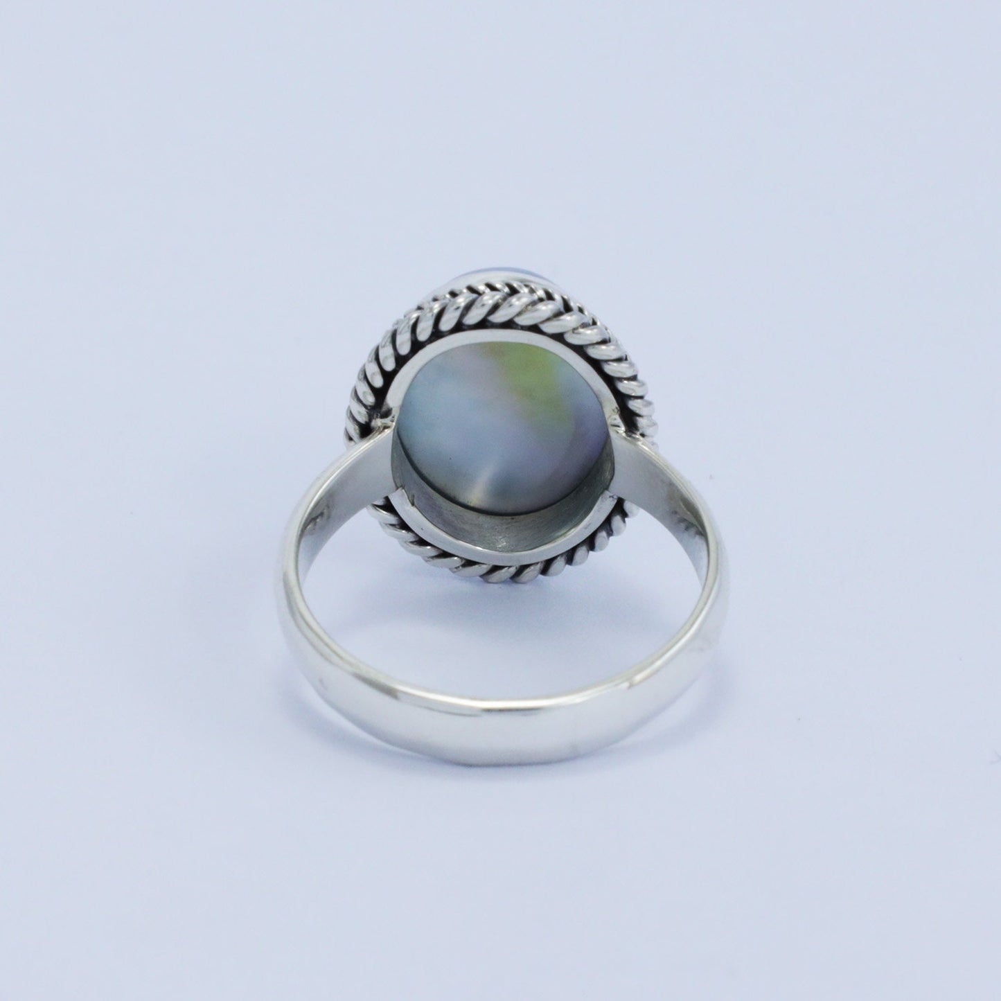blue pearl ring 925 sterling silver oval shape decorated with rope chain bezel edge