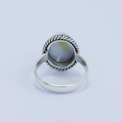 blue pearl ring 925 sterling silver oval shape decorated with rope chain bezel edge