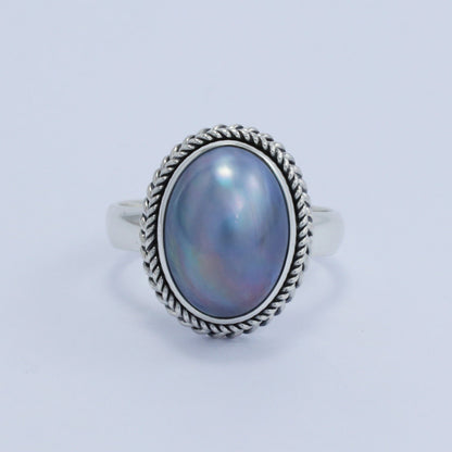 blue pearl ring 925 sterling silver oval shape decorated with rope chain bezel edge