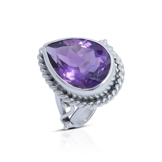 teardrop amethyst ring 925 sterling silver decorated with cable edge ornament