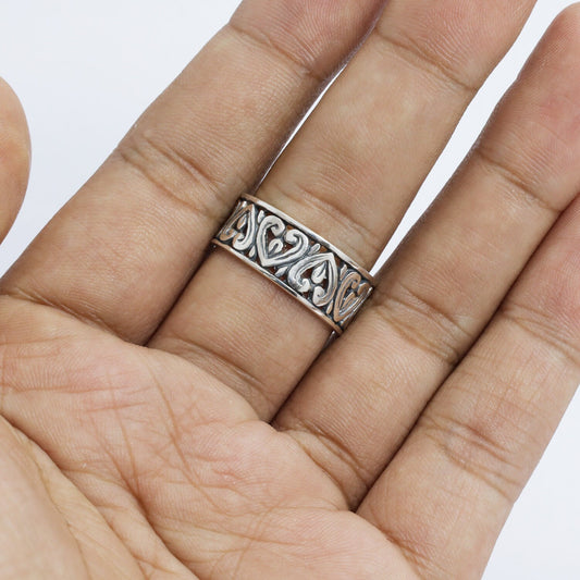 925 sterling silver wide band ring decorated with open work filigree ornament