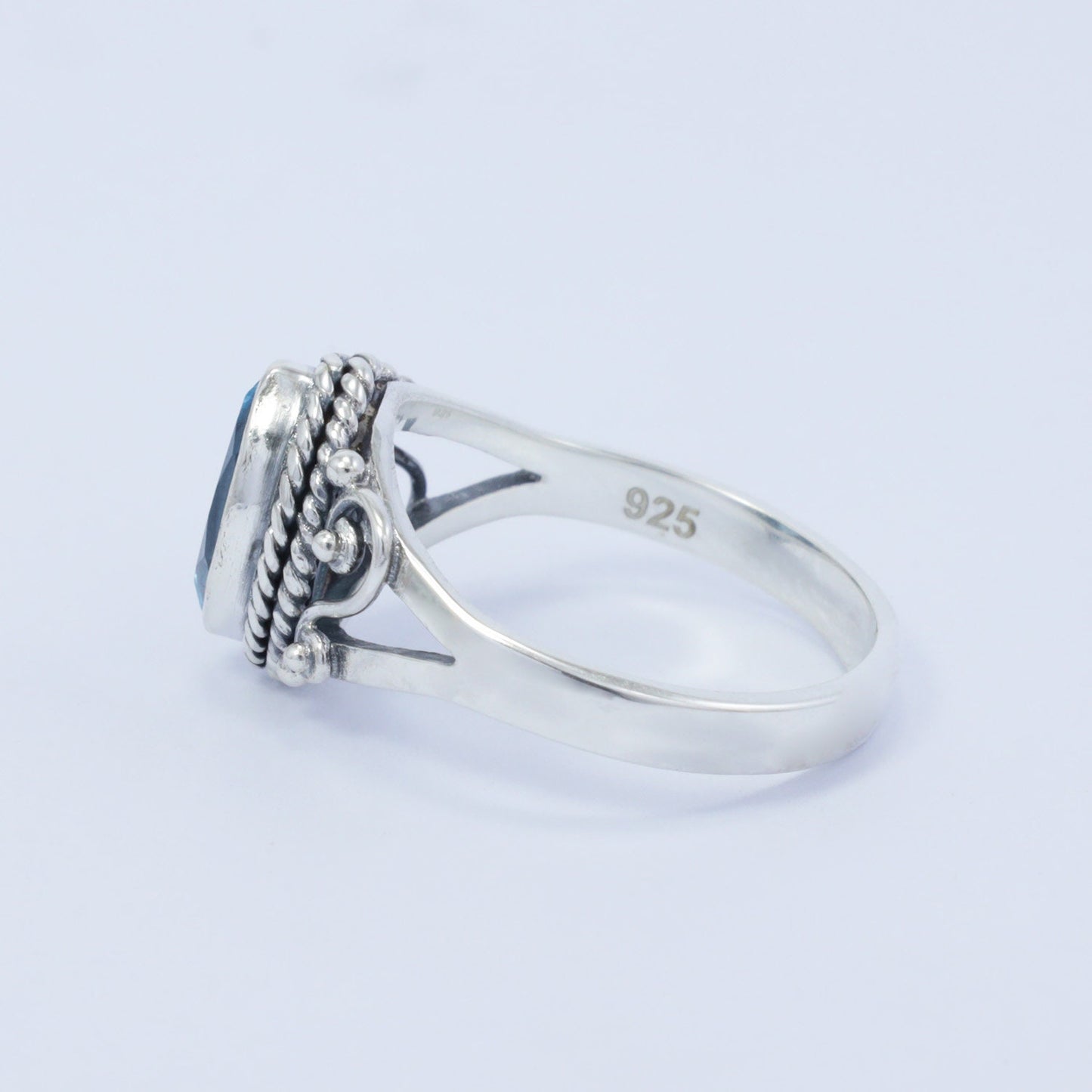 marquise ring 925 sterling silver with genuine blue topaz decorated with swirl filigree and cable ornament