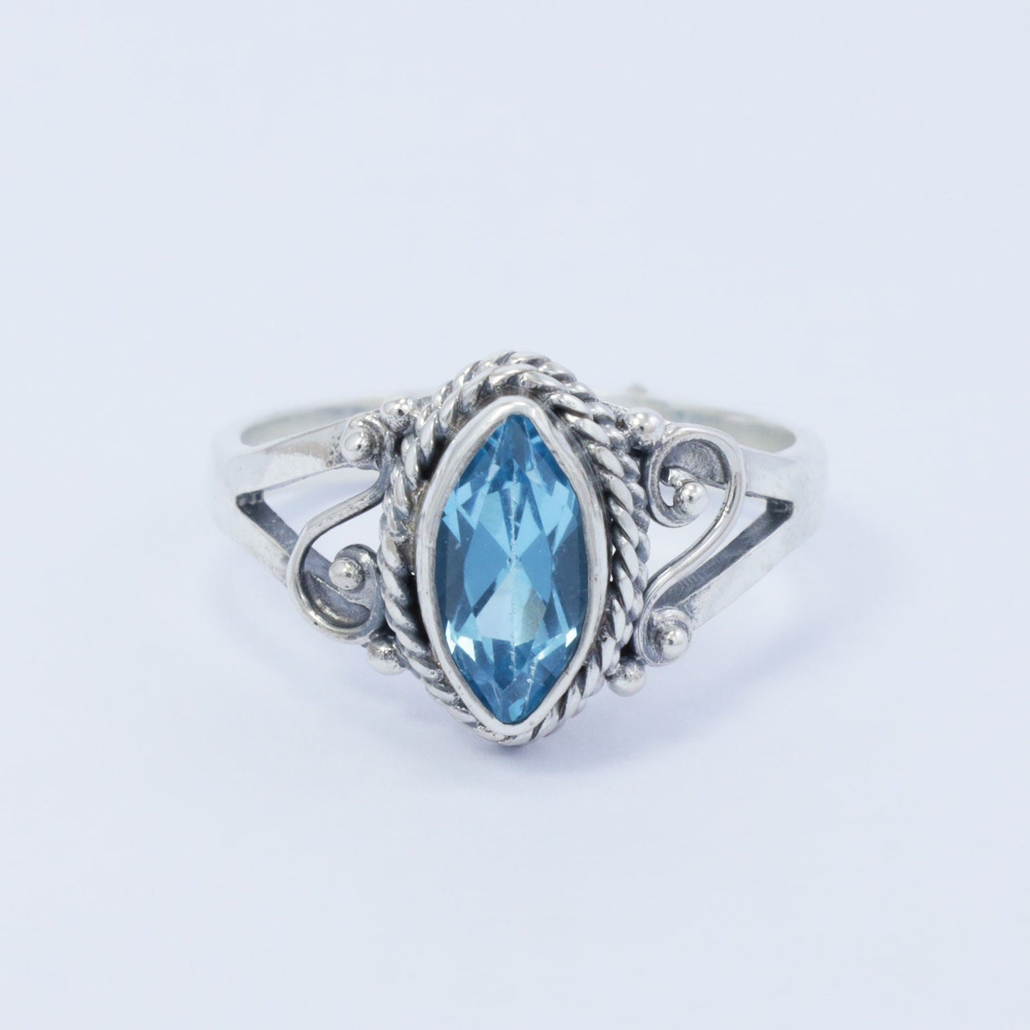 marquise ring 925 sterling silver with genuine blue topaz decorated with swirl filigree and cable ornament