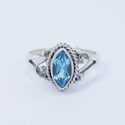 marquise ring 925 sterling silver with genuine blue topaz decorated with swirl filigree and cable ornament
