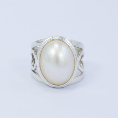 Wide oval ring 925 sterling silver with genuine oval mabe pearl decorated with split shank handmade