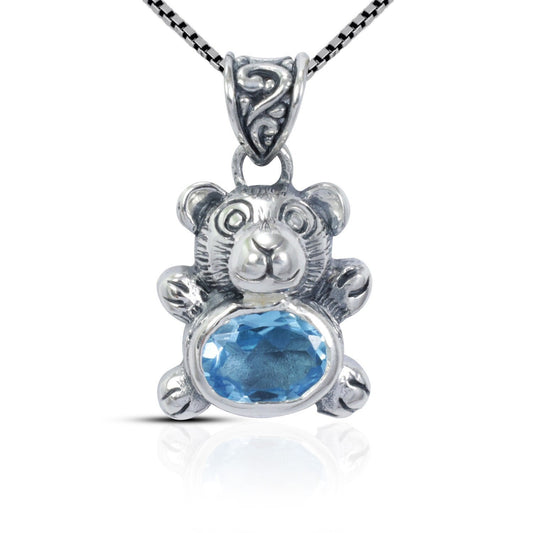 bear pendant 925 sterling silver with genuine blue topaz with antique finishing