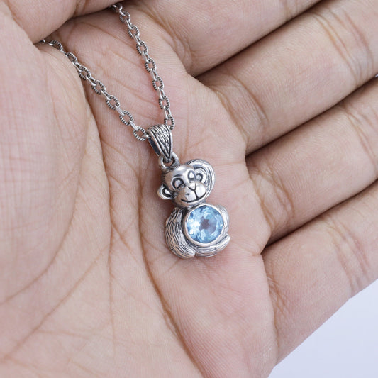 monkey pendant 925 sterling silver with genuine blue topaz with antique finishing