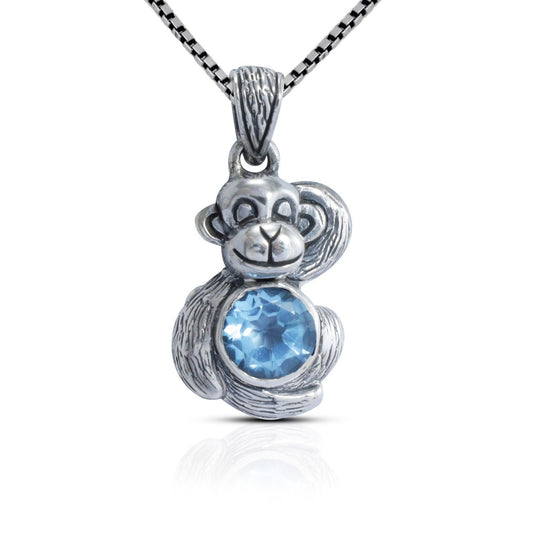 monkey pendant 925 sterling silver with genuine blue topaz with antique finishing